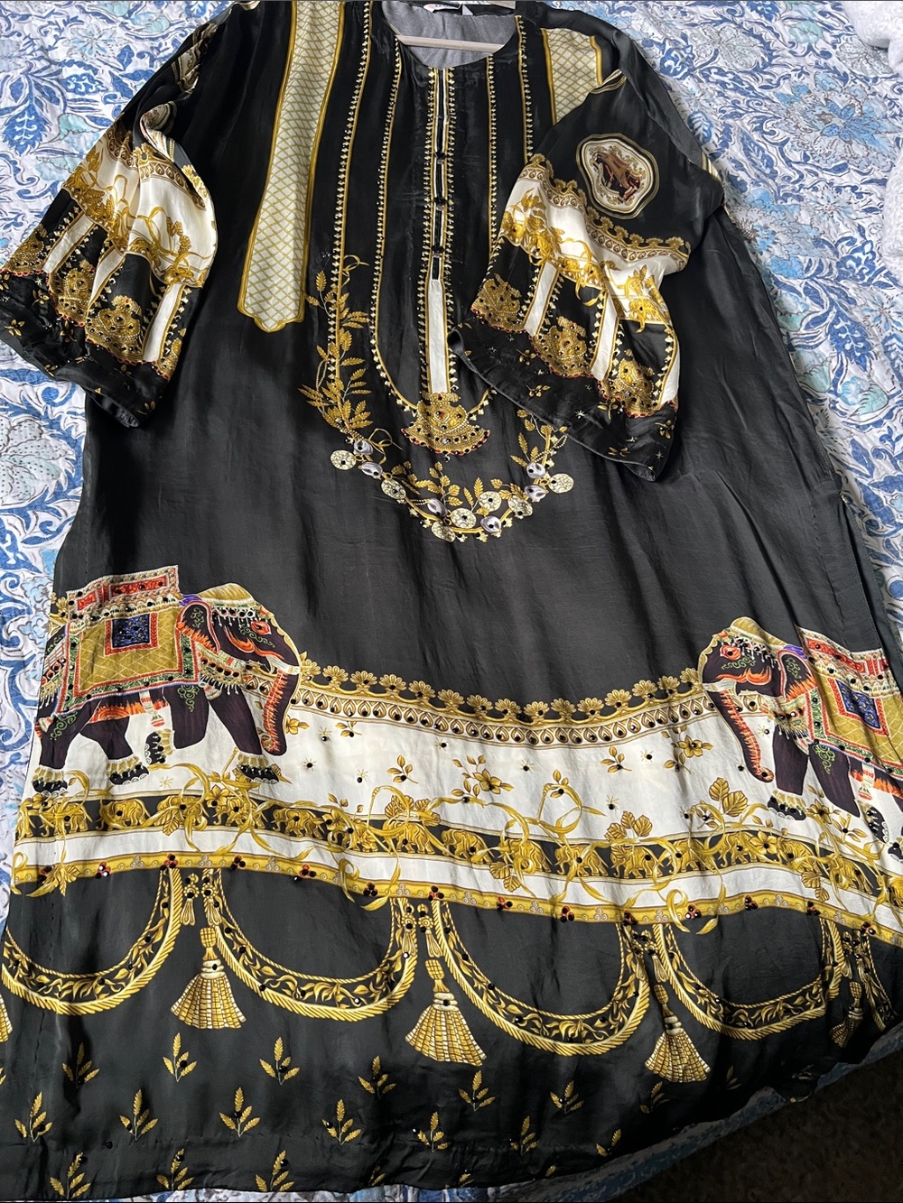 Black & Gold Long Sleeve Maxi Dress with Elephant Print
